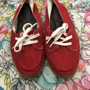 Red linen loafers